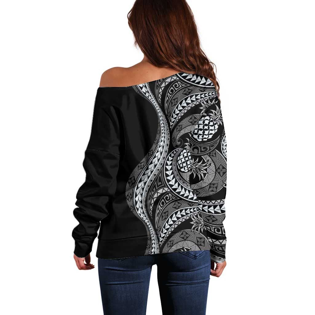 Hawaii Pineapple Gray Scale Tribal Pattern Off Shoulder Sweater - Polynesian Pride