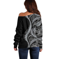 Hawaii Pineapple Gray Scale Tribal Pattern Off Shoulder Sweater - Polynesian Pride