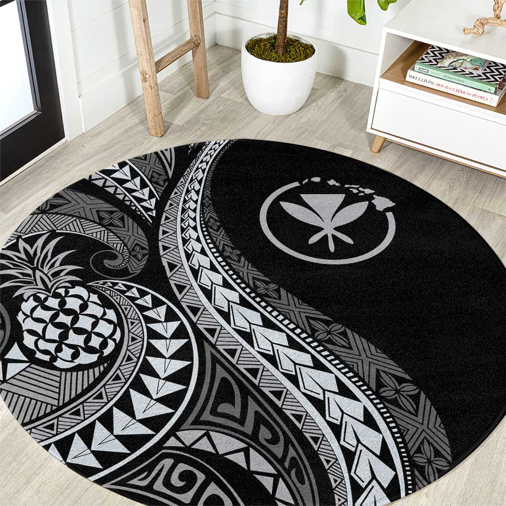 Hawaii Pineapple Gray Scale Tribal Pattern Round Carpet - Polynesian Pride