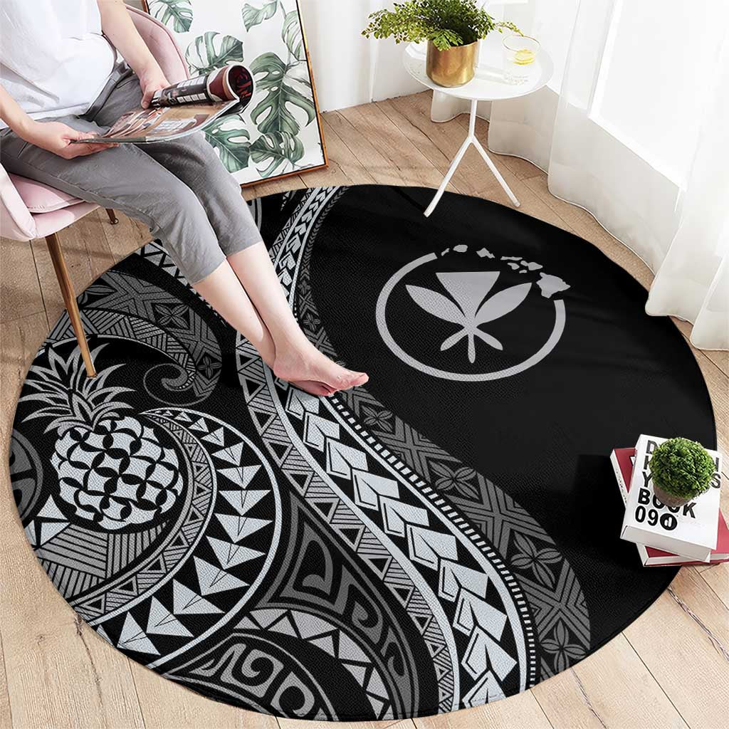 Hawaii Pineapple Gray Scale Tribal Pattern Round Carpet - Polynesian Pride