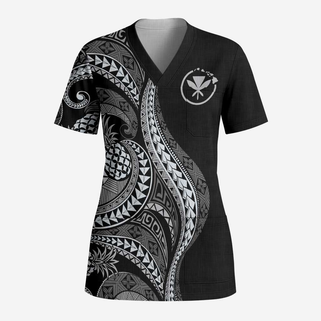 Hawaii Pineapple Gray Scale Tribal Pattern Scrub Top - Polynesian Pride