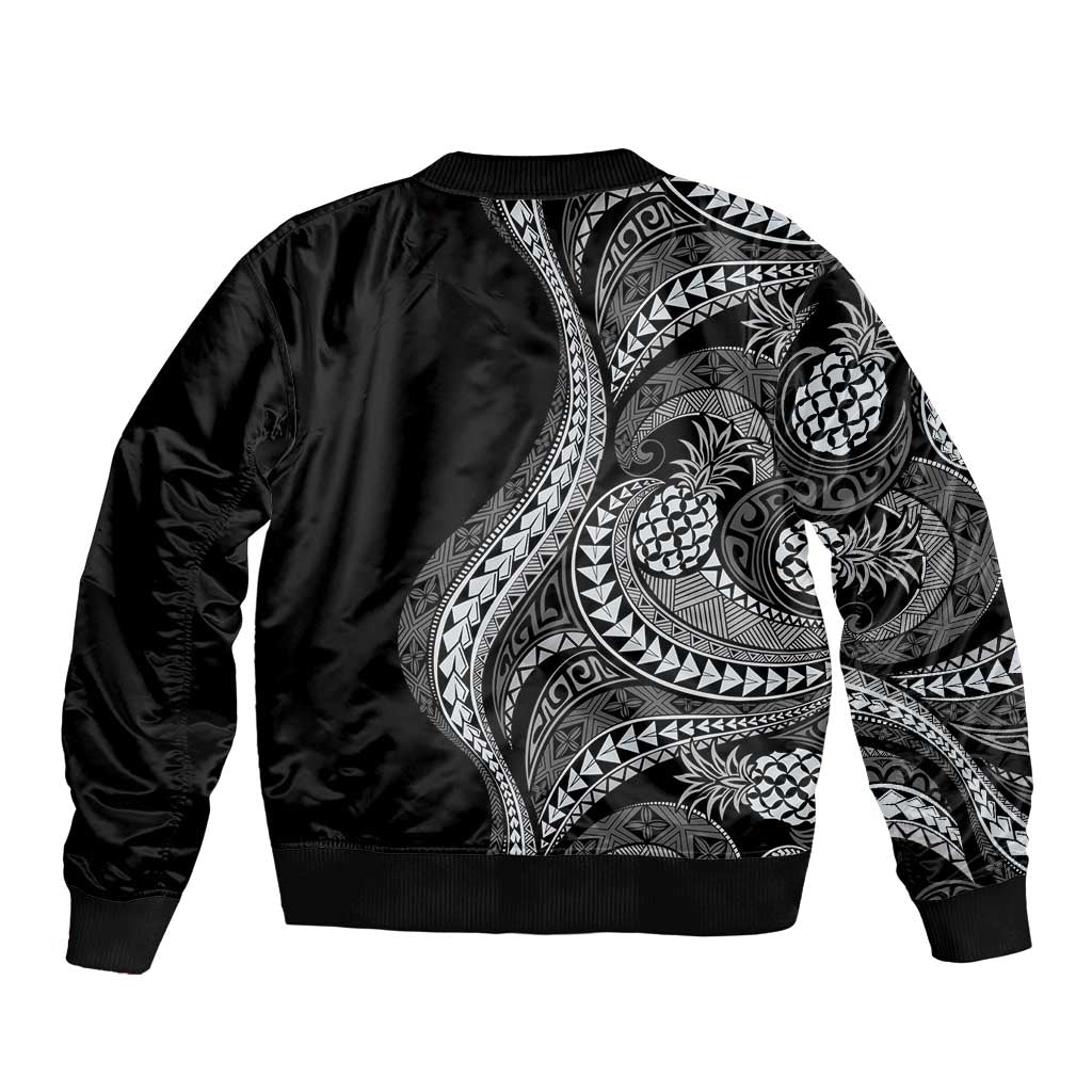 Hawaii Pineapple Gray Scale Tribal Pattern Sleeve Zip Bomber Jacket - Polynesian Pride