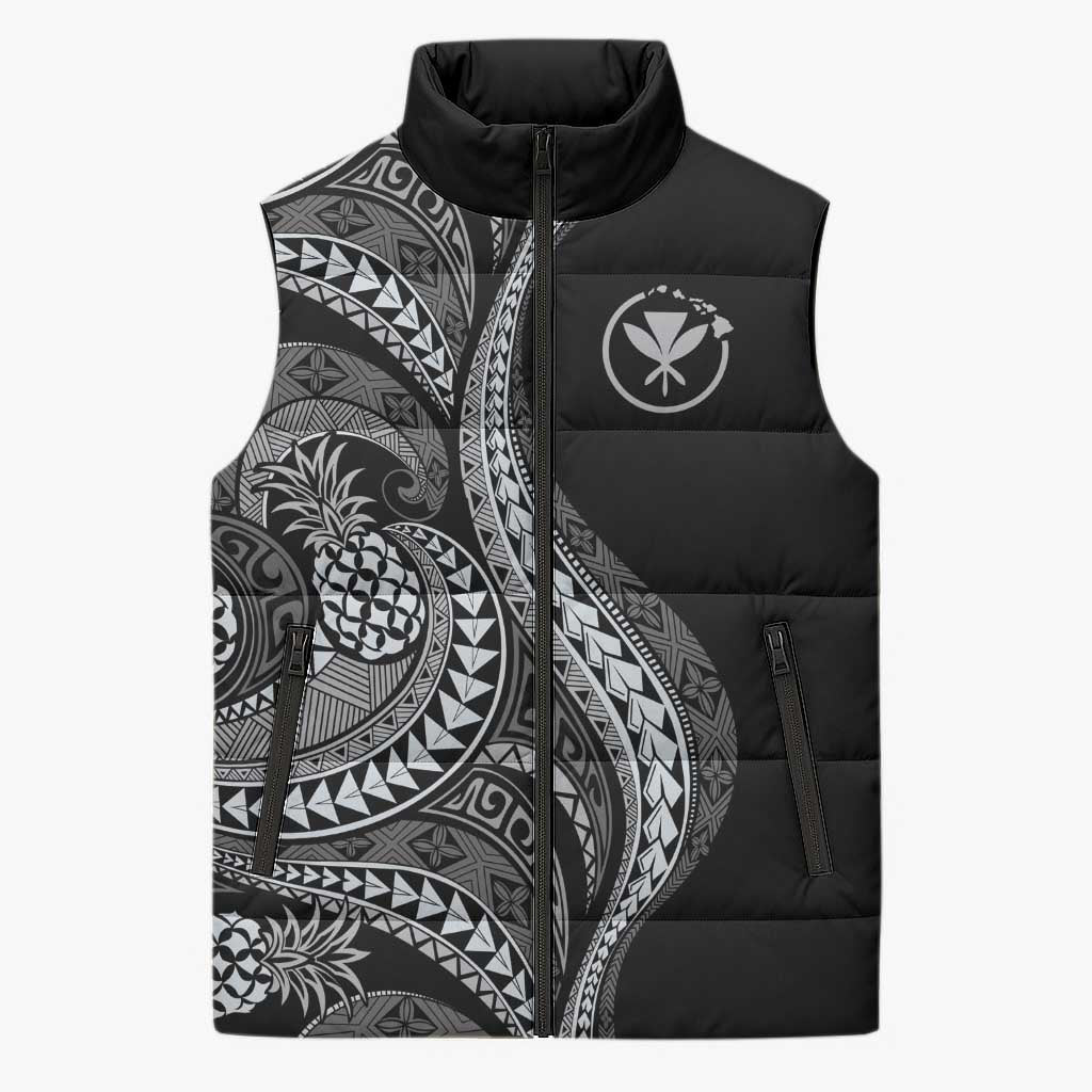 Hawaii Pineapple Gray Scale Tribal Pattern Sleeveless Puffer Jacket - Polynesian Pride