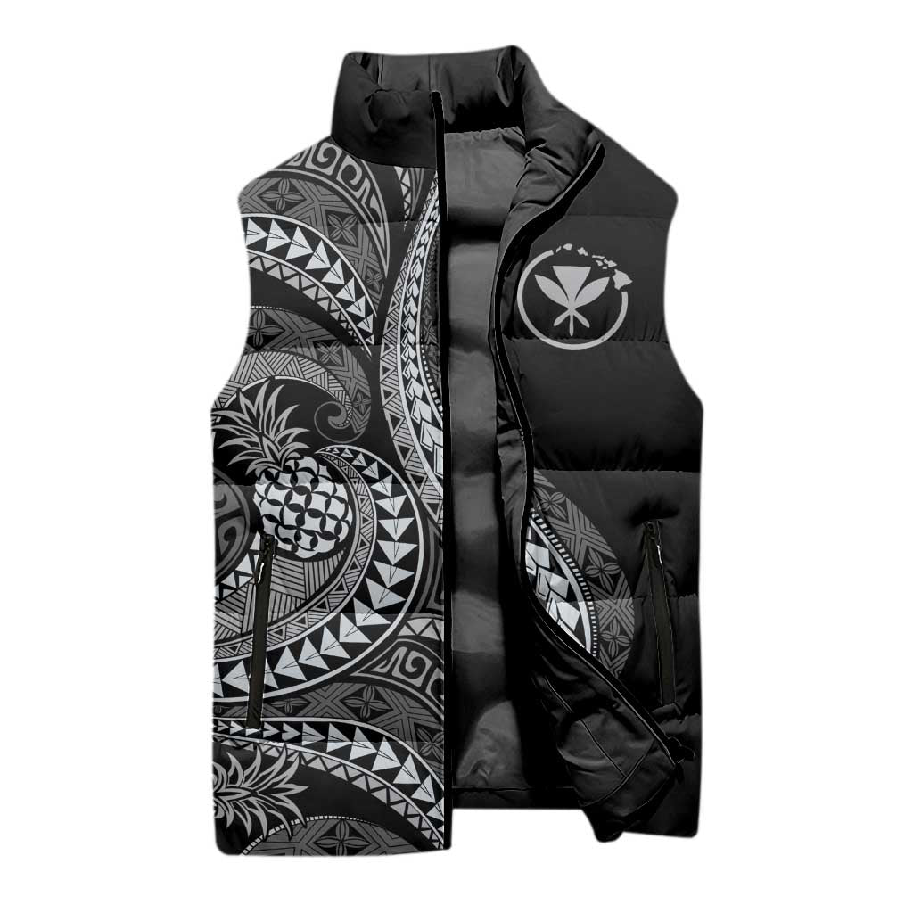 Hawaii Pineapple Gray Scale Tribal Pattern Sleeveless Puffer Jacket - Polynesian Pride