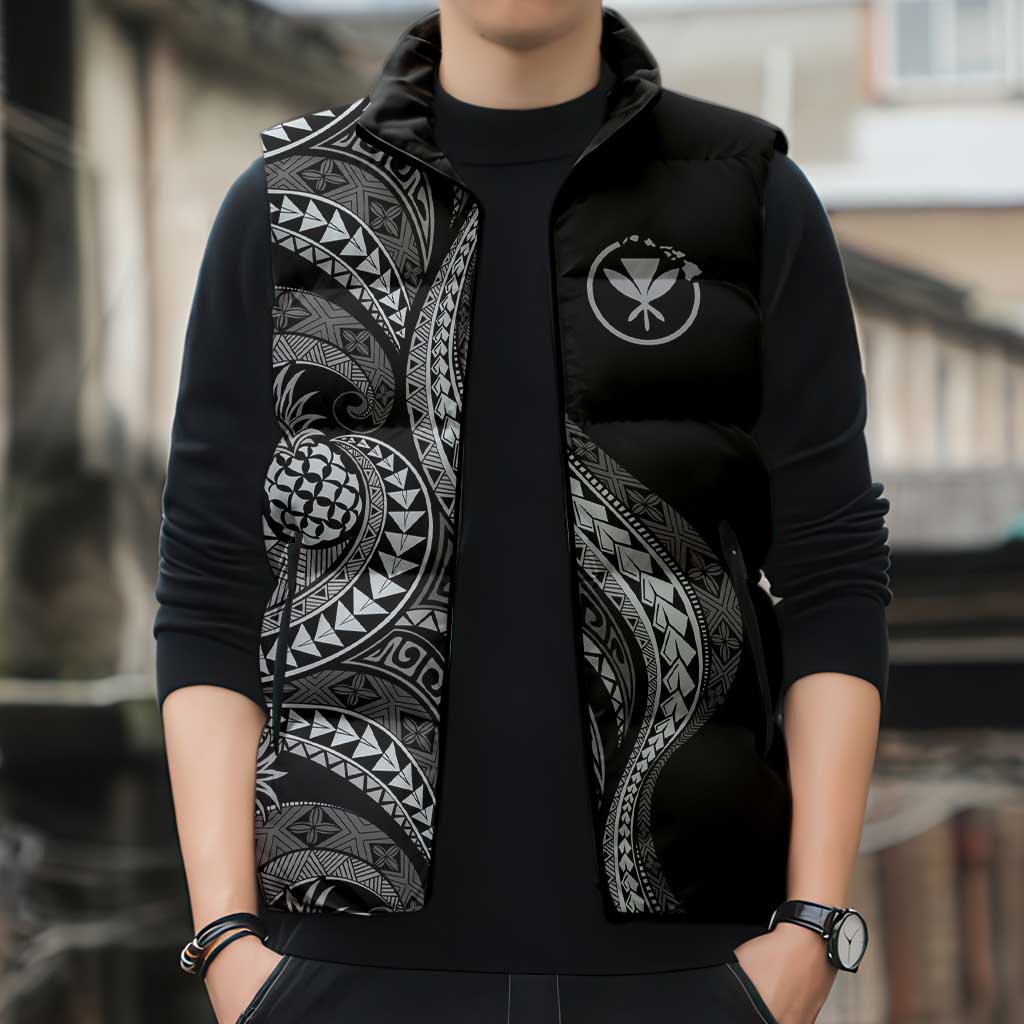 Hawaii Pineapple Gray Scale Tribal Pattern Sleeveless Puffer Jacket - Polynesian Pride