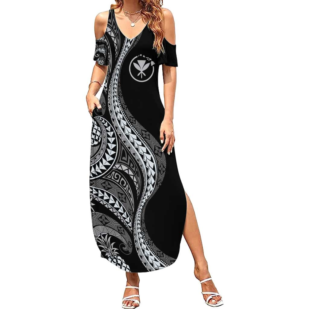 Hawaii Pineapple Gray Scale Tribal Pattern Summer Maxi Dress - Polynesian Pride