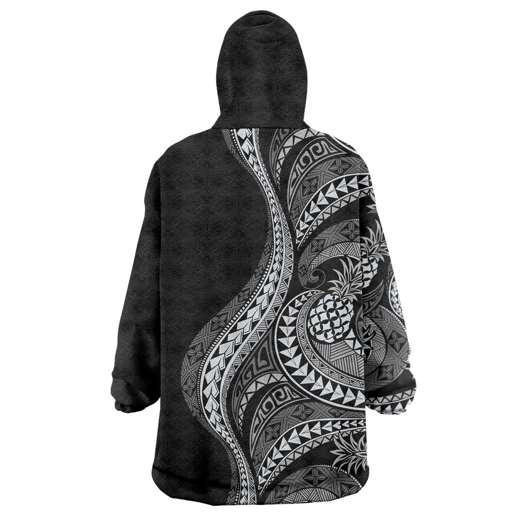 Hawaii Pineapple Gray Scale Tribal Pattern Wearable Blanket Hoodie - Polynesian Pride