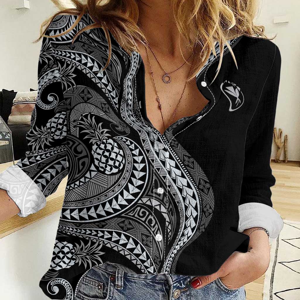 Hawaii Pineapple Gray Scale Tribal Pattern Women Casual Shirt - Polynesian Pride