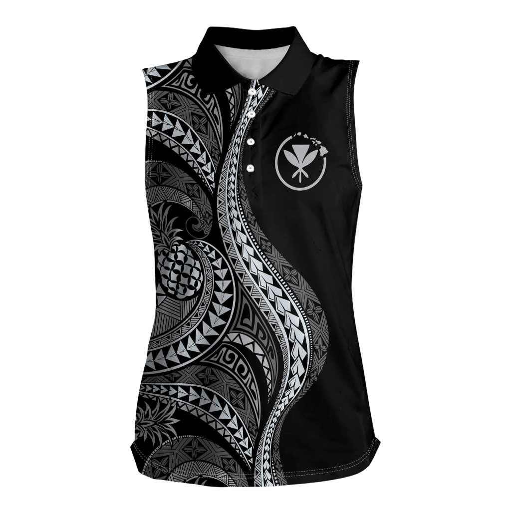 Hawaii Pineapple Gray Scale Tribal Pattern Women Sleeveless Polo Shirt - Polynesian Pride