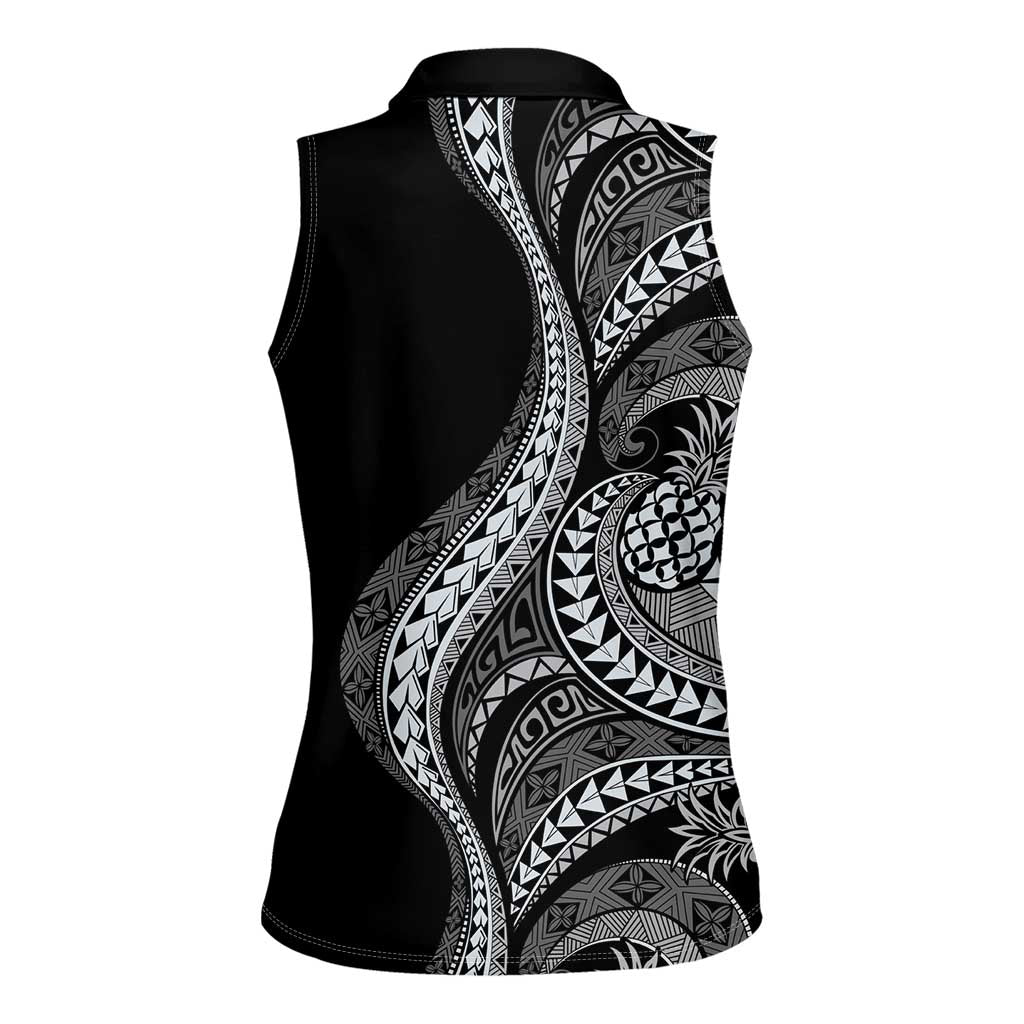 Hawaii Pineapple Gray Scale Tribal Pattern Women Sleeveless Polo Shirt - Polynesian Pride