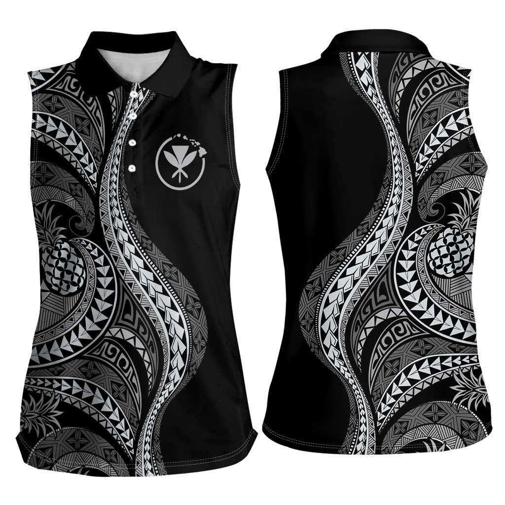 Hawaii Pineapple Gray Scale Tribal Pattern Women Sleeveless Polo Shirt - Polynesian Pride