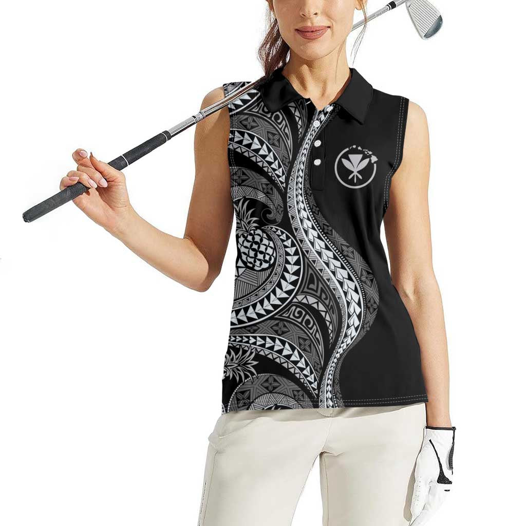 Hawaii Pineapple Gray Scale Tribal Pattern Women Sleeveless Polo Shirt - Polynesian Pride