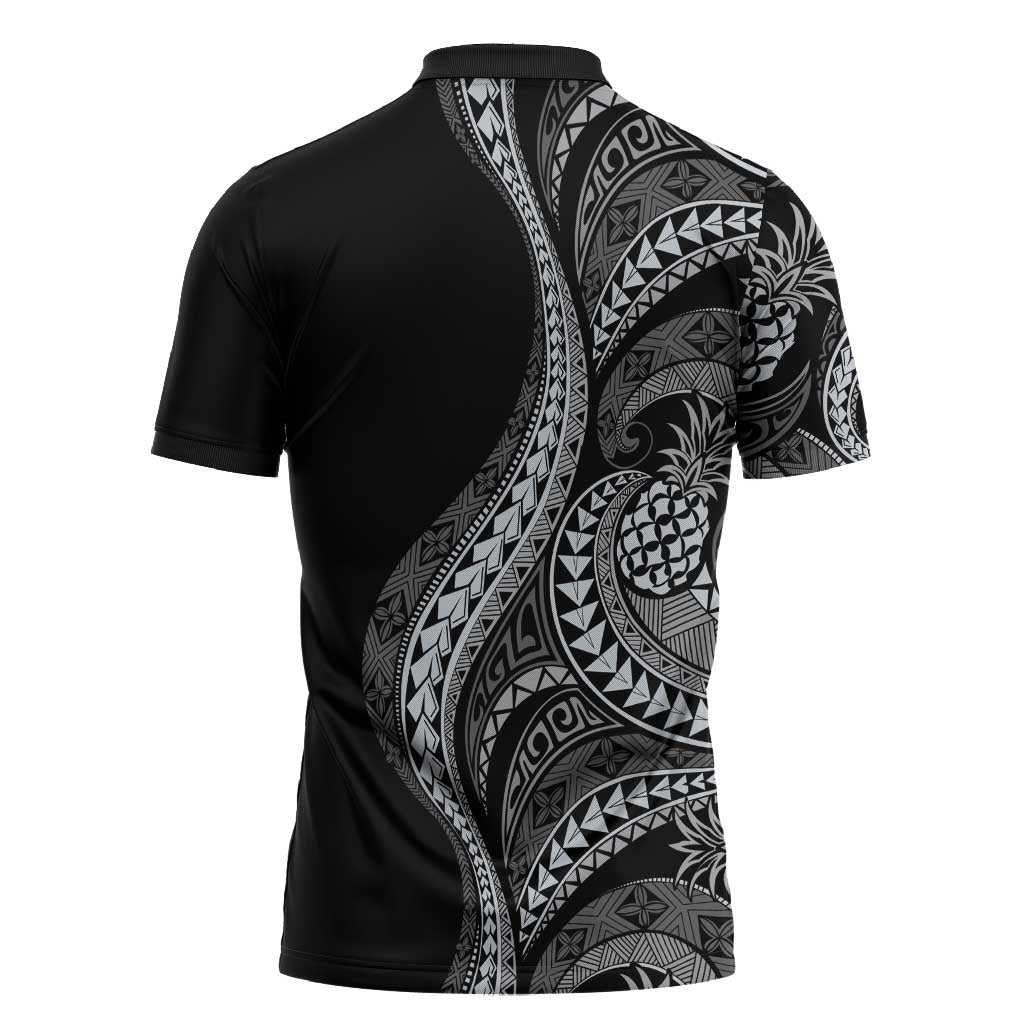 Hawaii Pineapple Gray Scale Tribal Pattern Zipper Polo Shirt - Polynesian Pride