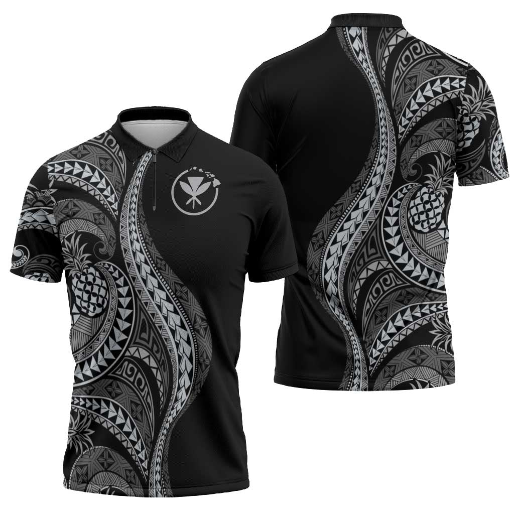 Hawaii Pineapple Gray Scale Tribal Pattern Zipper Polo Shirt - Polynesian Pride