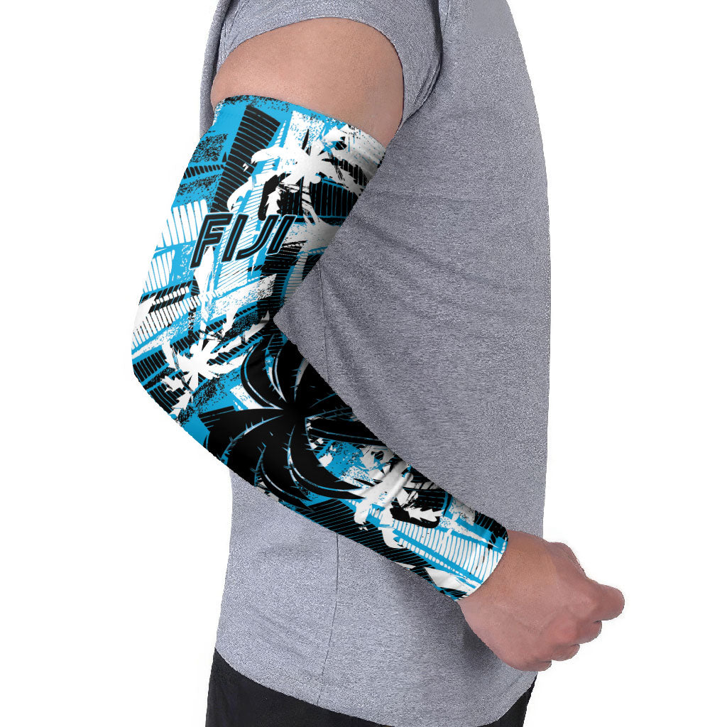 Custom Fijian Rugby Arm Sleeves Grunge Palm Stylized LT01 - Polynesian Pride