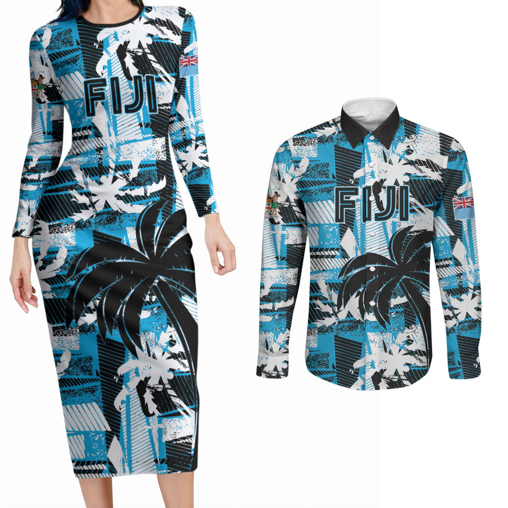 Custom Fijian Rugby Couples Matching Long Sleeve Bodycon Dress and Long Sleeve Button Shirt Grunge Palm Stylized LT01 Blue - Polynesian Pride