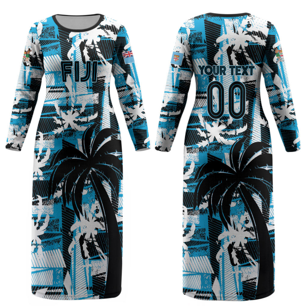 Custom Fijian Rugby Couples Matching Long Sleeve Bodycon Dress and Long Sleeve Button Shirt Grunge Palm Stylized LT01 - Polynesian Pride