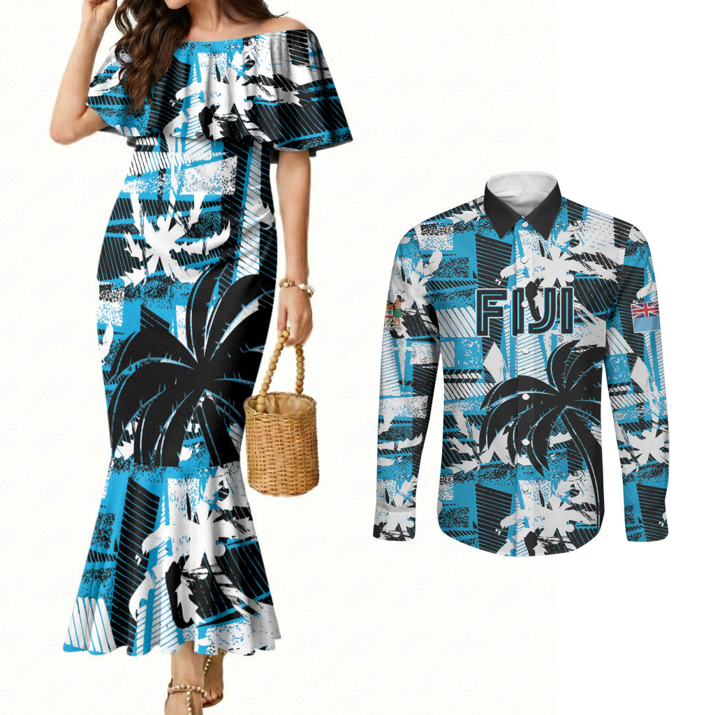 Custom Fijian Rugby Couples Matching Mermaid Dress and Long Sleeve Button Shirt Grunge Palm Stylized LT01 Blue - Polynesian Pride