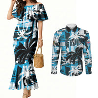 Custom Fijian Rugby Couples Matching Mermaid Dress and Long Sleeve Button Shirt Grunge Palm Stylized LT01 Blue - Polynesian Pride