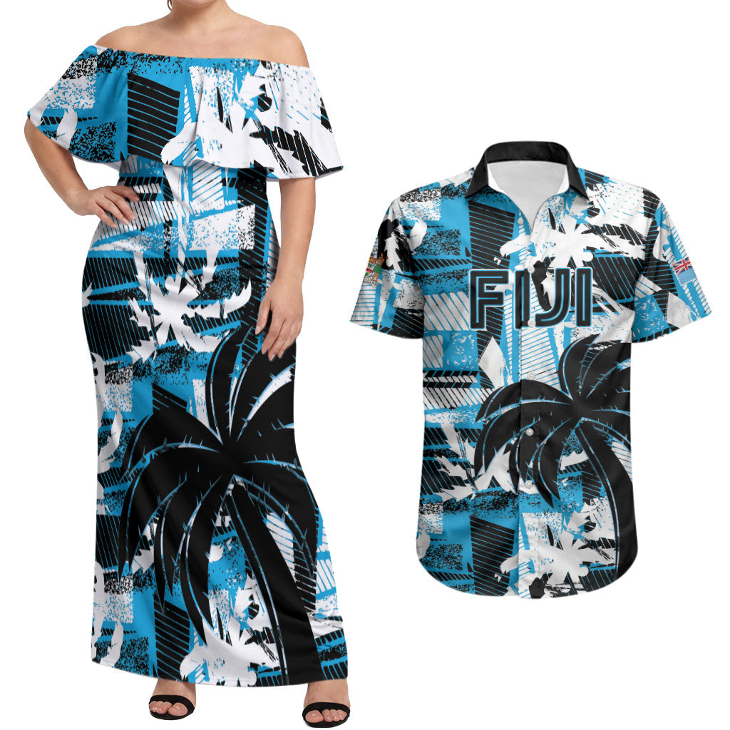 Custom Fijian Rugby Couples Matching Off Shoulder Maxi Dress and Hawaiian Shirt Grunge Palm Stylized LT01 Blue - Polynesian Pride