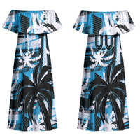 Custom Fijian Rugby Couples Matching Off Shoulder Maxi Dress and Hawaiian Shirt Grunge Palm Stylized LT01 - Polynesian Pride