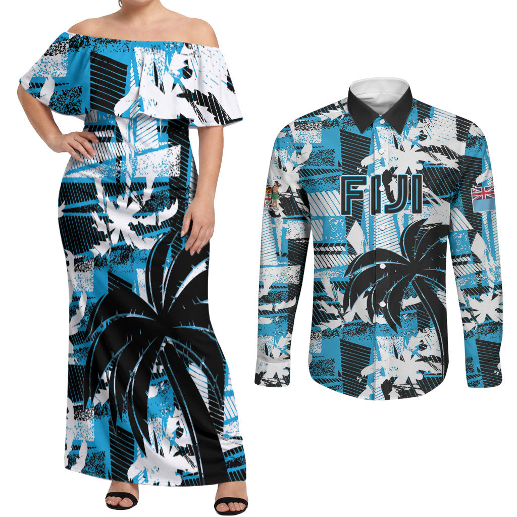 Custom Fijian Rugby Couples Matching Off Shoulder Maxi Dress and Long Sleeve Button Shirt Grunge Palm Stylized LT01 Blue - Polynesian Pride