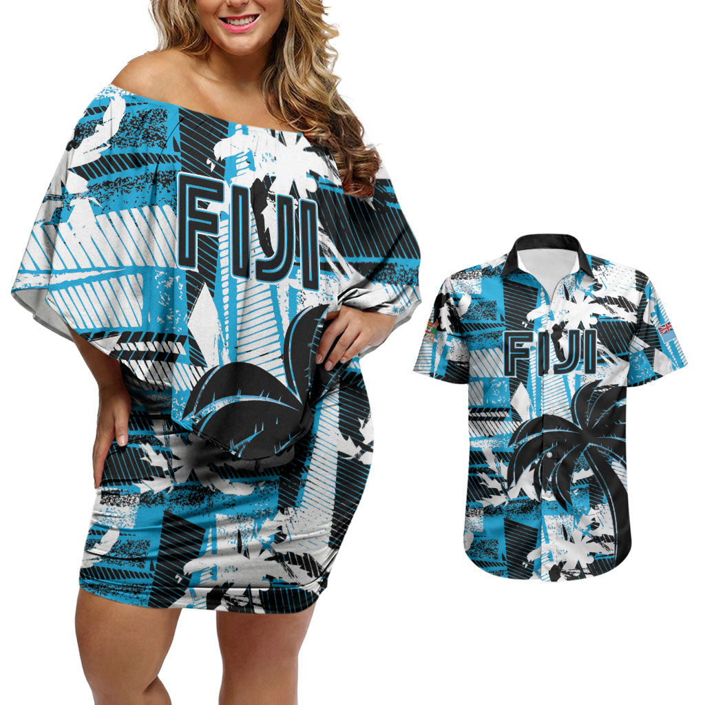 Custom Fijian Rugby Couples Matching Off Shoulder Short Dress and Hawaiian Shirt Grunge Palm Stylized LT01 Blue - Polynesian Pride