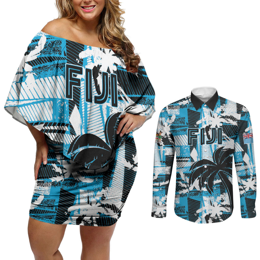 Custom Fijian Rugby Couples Matching Off Shoulder Short Dress and Long Sleeve Button Shirt Grunge Palm Stylized LT01 Blue - Polynesian Pride
