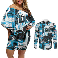 Custom Fijian Rugby Couples Matching Off Shoulder Short Dress and Long Sleeve Button Shirt Grunge Palm Stylized LT01 Blue - Polynesian Pride