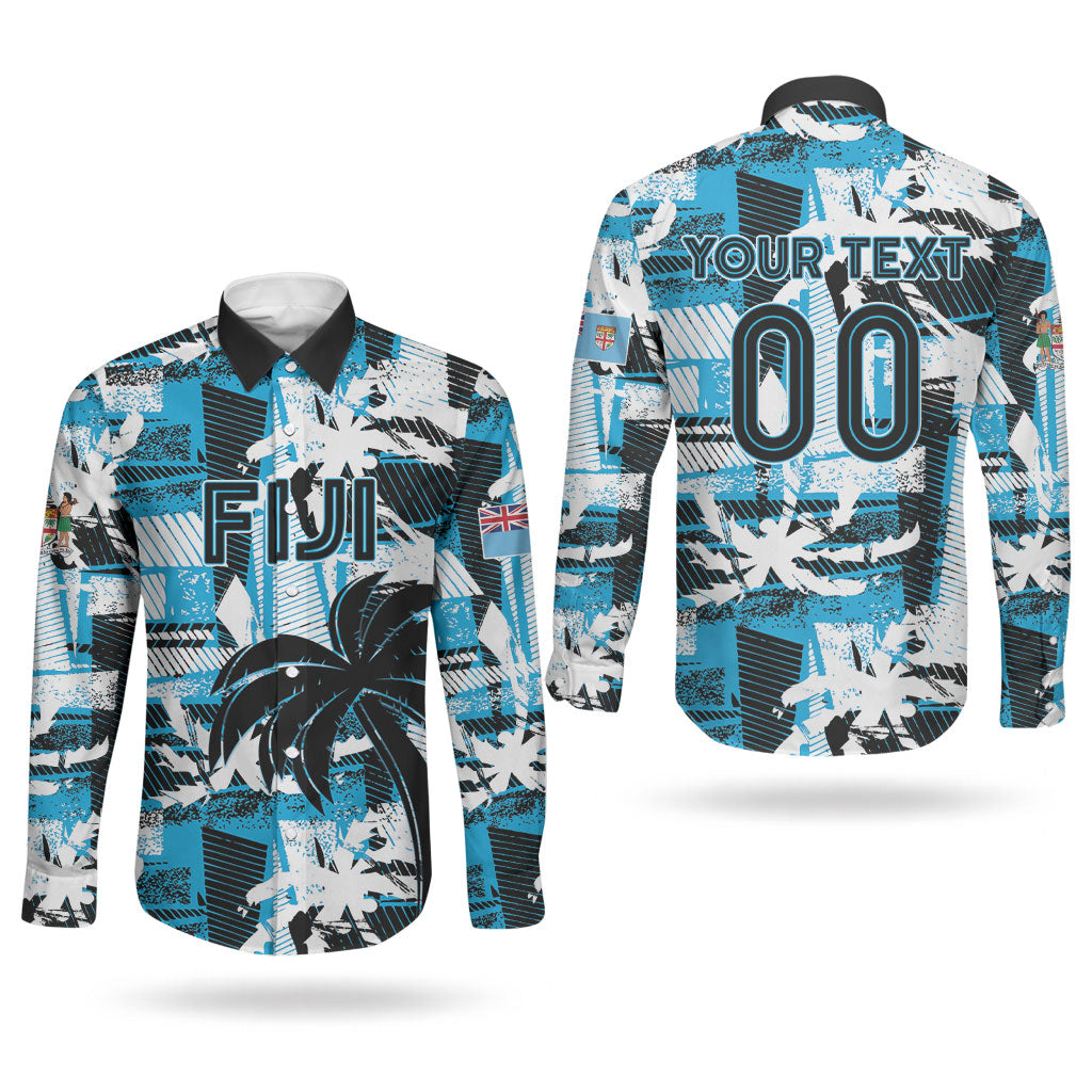 Custom Fijian Rugby Couples Matching Off Shoulder Short Dress and Long Sleeve Button Shirt Grunge Palm Stylized LT01 - Polynesian Pride