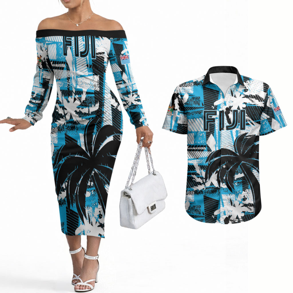 Custom Fijian Rugby Couples Matching Off The Shoulder Long Sleeve Dress and Hawaiian Shirt Grunge Palm Stylized LT01 Blue - Polynesian Pride