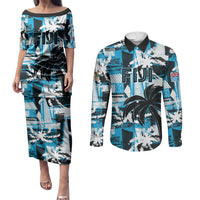 Custom Fijian Rugby Couples Matching Puletasi and Long Sleeve Button Shirt Grunge Palm Stylized LT01 Blue - Polynesian Pride