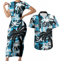 Custom Fijian Rugby Couples Matching Short Sleeve Bodycon Dress and Hawaiian Shirt Grunge Palm Stylized LT01 Blue - Polynesian Pride