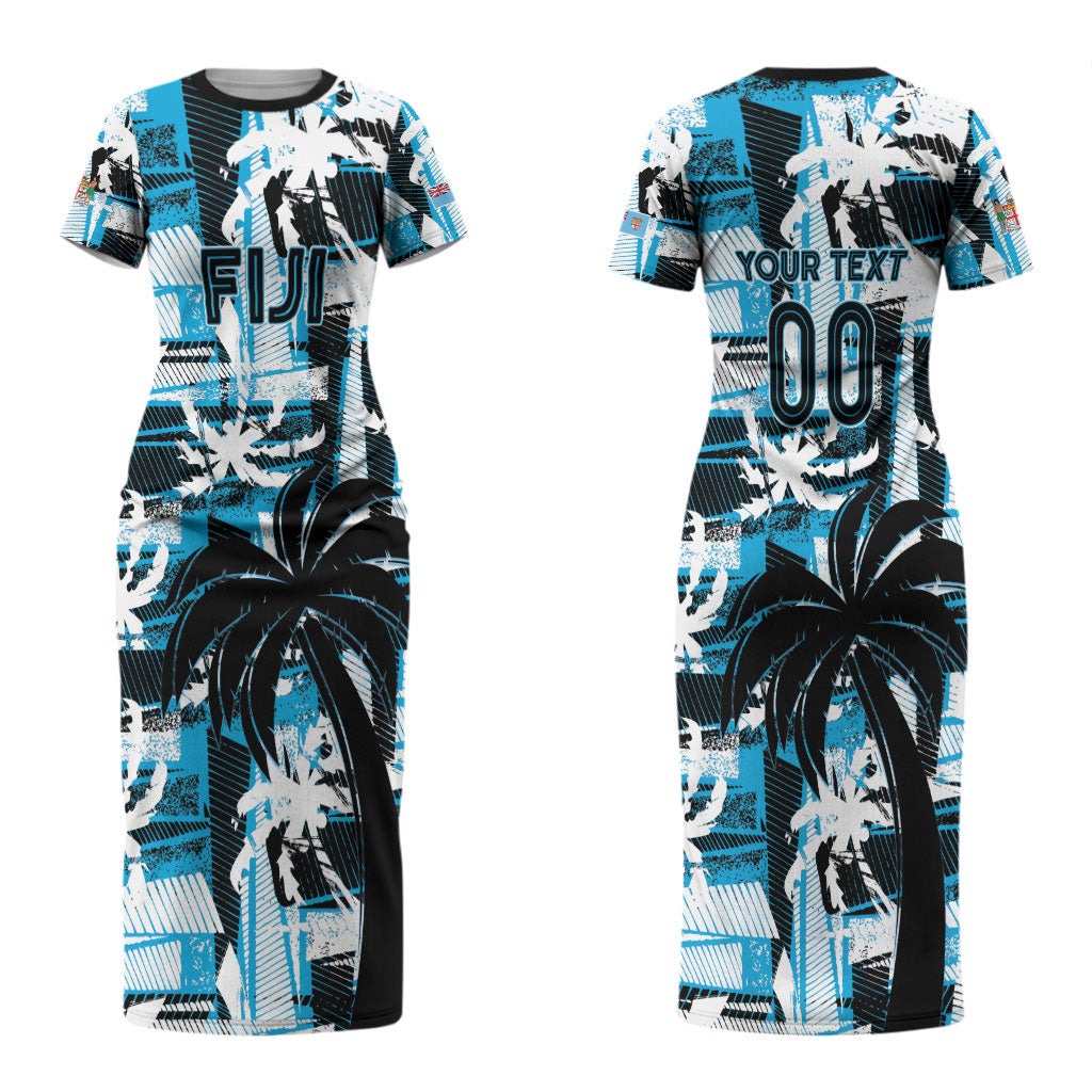 Custom Fijian Rugby Couples Matching Short Sleeve Bodycon Dress and Hawaiian Shirt Grunge Palm Stylized LT01 - Polynesian Pride