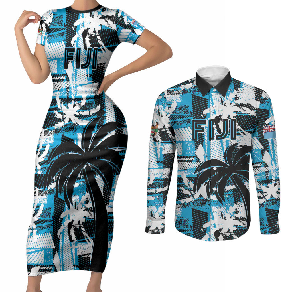 Custom Fijian Rugby Couples Matching Short Sleeve Bodycon Dress and Long Sleeve Button Shirt Grunge Palm Stylized LT01 Blue - Polynesian Pride