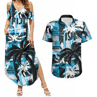 Custom Fijian Rugby Couples Matching Summer Maxi Dress and Hawaiian Shirt Grunge Palm Stylized LT01 Blue - Polynesian Pride