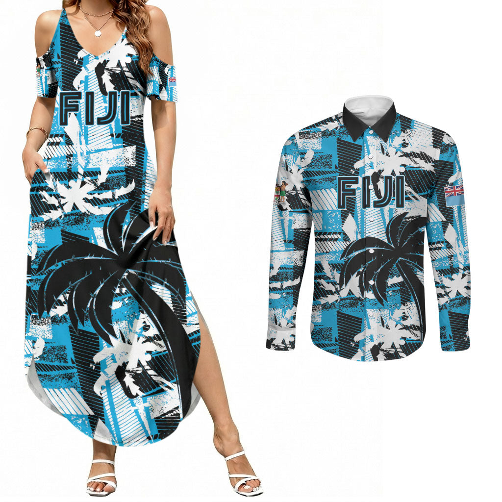 Custom Fijian Rugby Couples Matching Summer Maxi Dress and Long Sleeve Button Shirt Grunge Palm Stylized LT01 Blue - Polynesian Pride