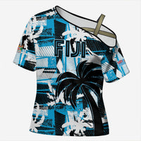 Custom Fijian Rugby Cross Shoulder Shirt Grunge Palm Stylized LT01 Female Blue - Polynesian Pride