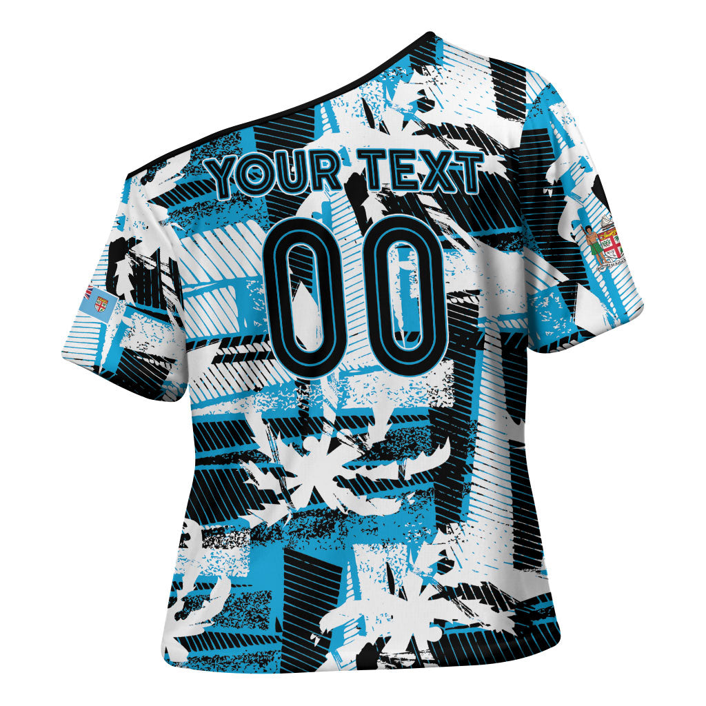 Custom Fijian Rugby Cross Shoulder Shirt Grunge Palm Stylized LT01 - Polynesian Pride