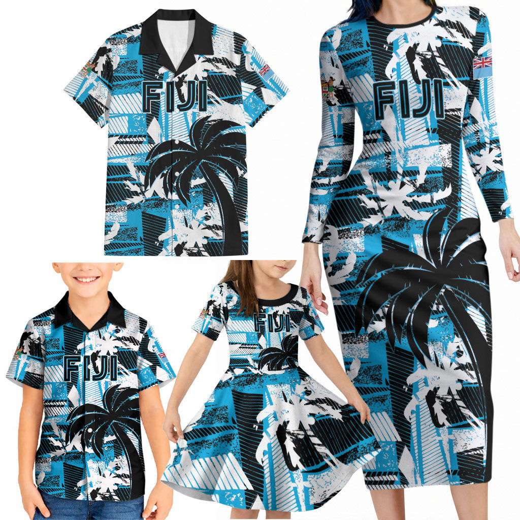 Custom Fijian Rugby Family Matching Long Sleeve Bodycon Dress and Hawaiian Shirt Grunge Palm Stylized LT01 - Polynesian Pride
