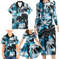 Custom Fijian Rugby Family Matching Long Sleeve Bodycon Dress and Hawaiian Shirt Grunge Palm Stylized LT01 - Polynesian Pride