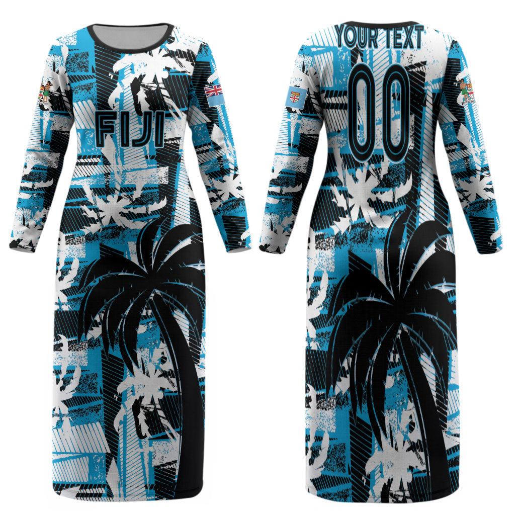 Custom Fijian Rugby Family Matching Long Sleeve Bodycon Dress and Hawaiian Shirt Grunge Palm Stylized LT01 Mom's Dress Blue - Polynesian Pride