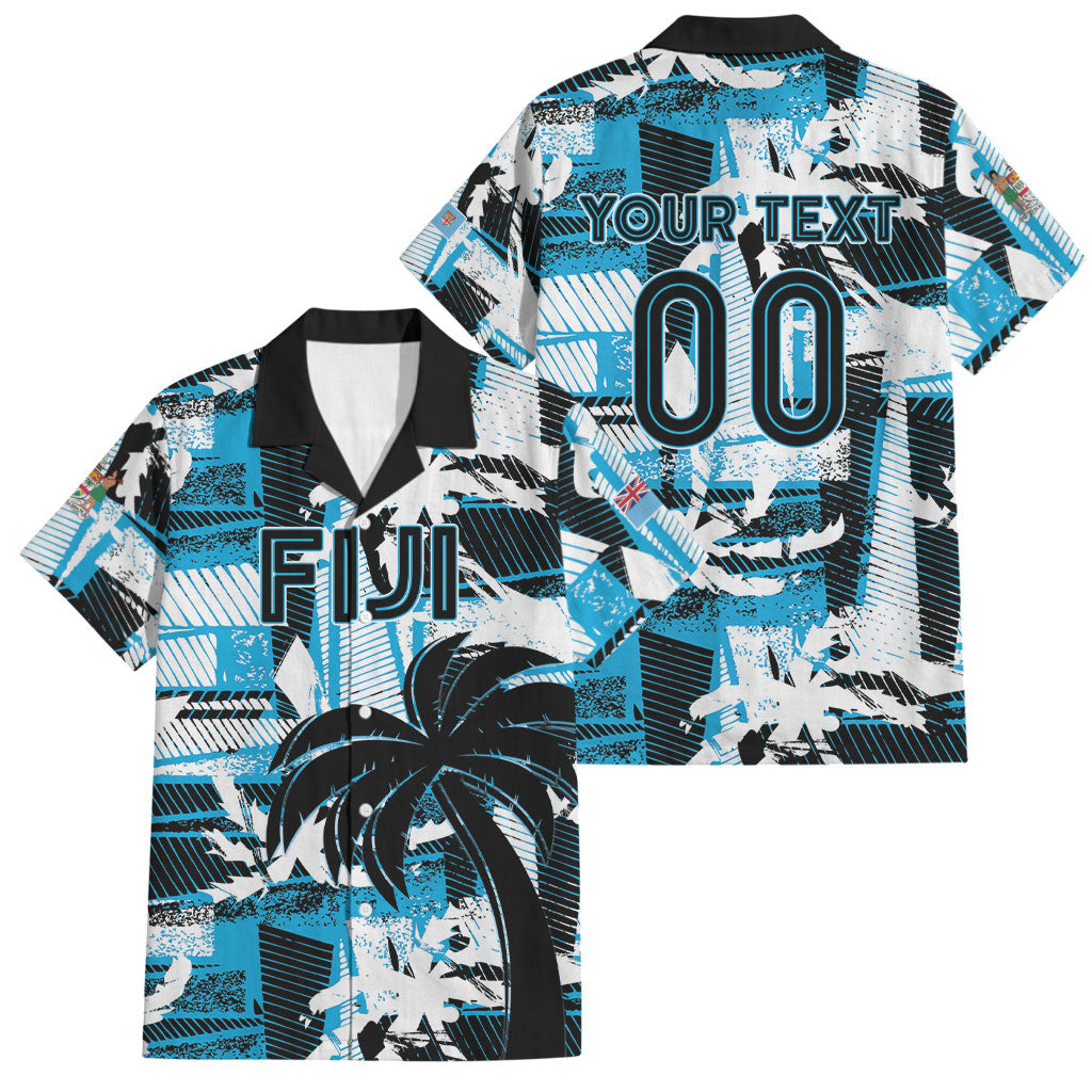 Custom Fijian Rugby Family Matching Long Sleeve Bodycon Dress and Hawaiian Shirt Grunge Palm Stylized LT01 Dad's Shirt - Short Sleeve Blue - Polynesian Pride