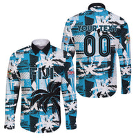 Custom Fijian Rugby Family Matching Long Sleeve Bodycon Dress and Hawaiian Shirt Grunge Palm Stylized LT01 Dad's Shirt - Long Sleeve Blue - Polynesian Pride
