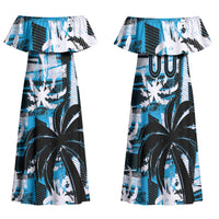 Custom Fijian Rugby Family Matching Off Shoulder Maxi Dress and Hawaiian Shirt Grunge Palm Stylized LT01 Mom's Dress Blue - Polynesian Pride