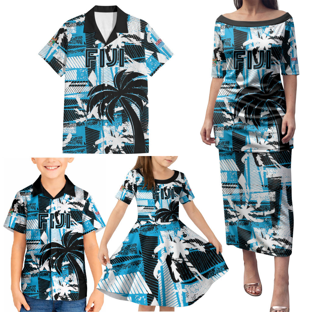 Custom Fijian Rugby Family Matching Puletasi and Hawaiian Shirt Grunge Palm Stylized LT01 - Polynesian Pride