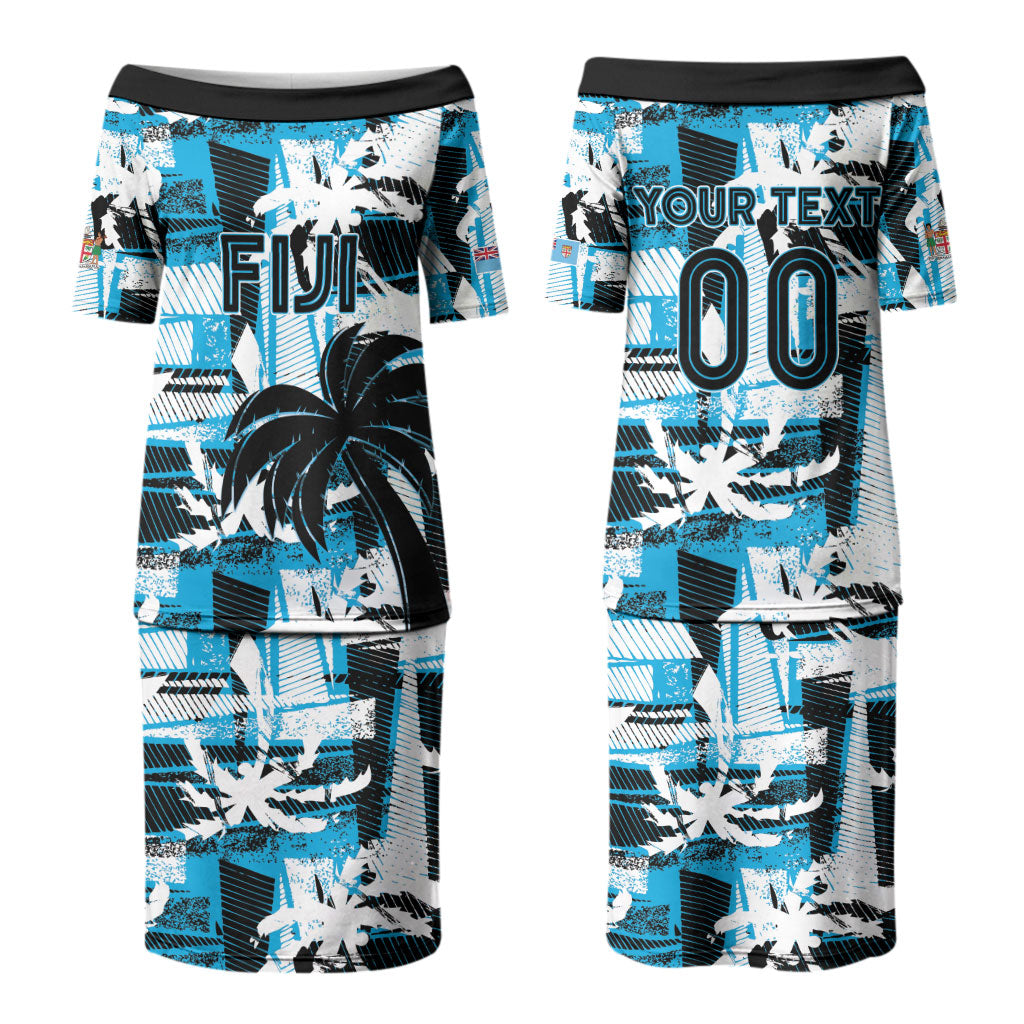 Custom Fijian Rugby Family Matching Puletasi and Hawaiian Shirt Grunge Palm Stylized LT01 Mom's Dress Blue - Polynesian Pride