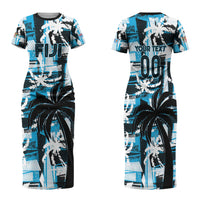 Custom Fijian Rugby Family Matching Short Sleeve Bodycon Dress and Hawaiian Shirt Grunge Palm Stylized LT01 Mom's Dress Blue - Polynesian Pride