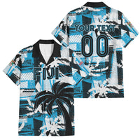 Custom Fijian Rugby Family Matching Short Sleeve Bodycon Dress and Hawaiian Shirt Grunge Palm Stylized LT01 Dad's Shirt - Short Sleeve Blue - Polynesian Pride