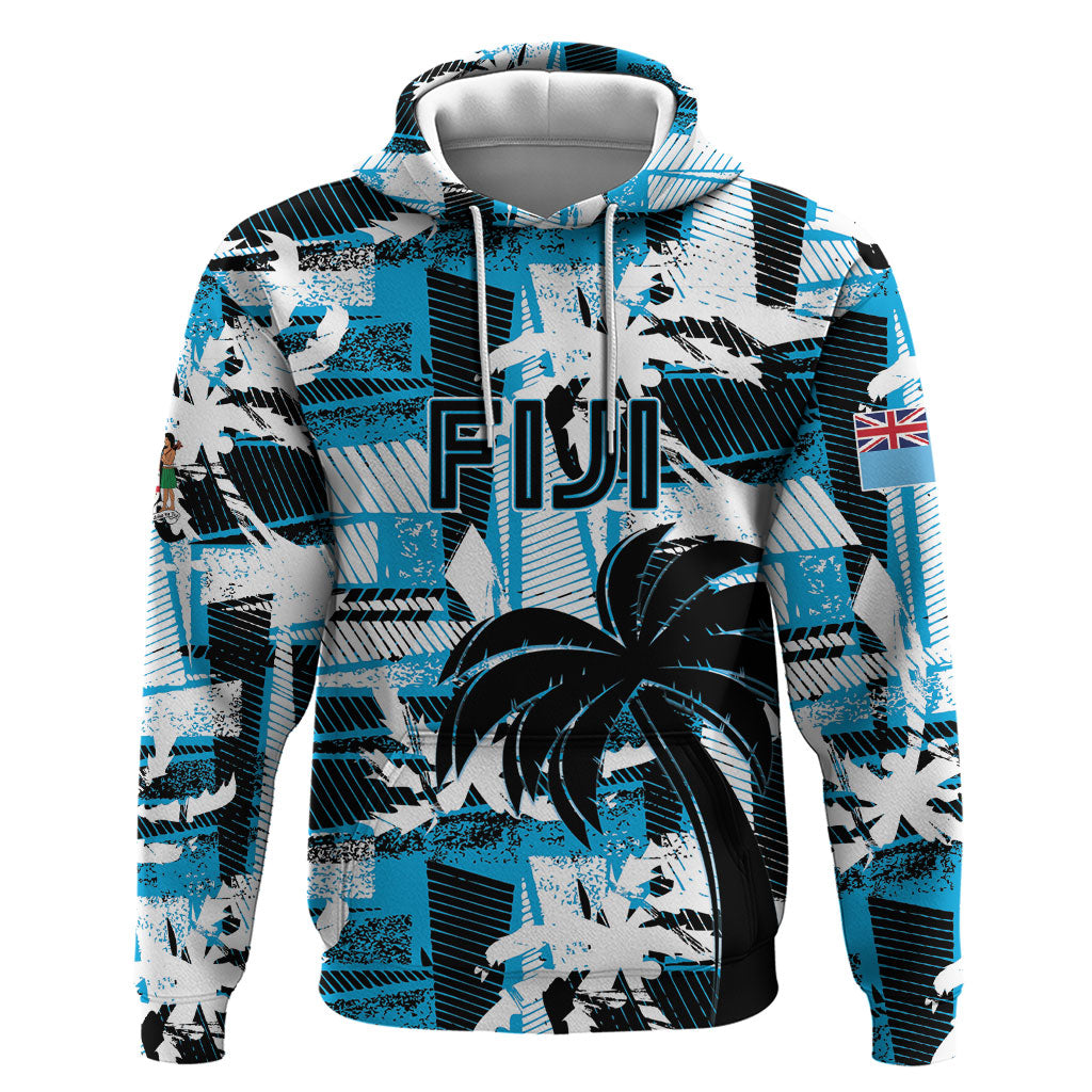 Custom Fijian Rugby Hoodie Grunge Palm Stylized LT01 Pullover Hoodie Blue - Polynesian Pride